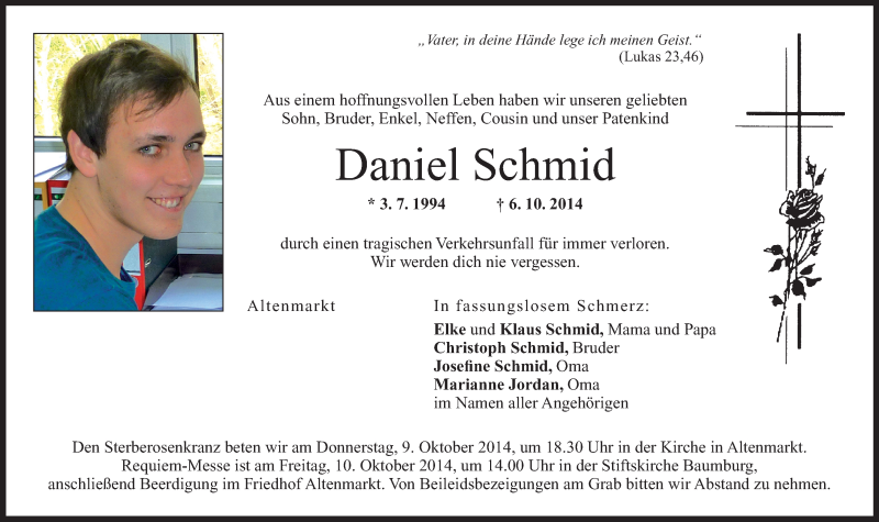  Traueranzeige für Daniel  Schmid vom 09.10.2014 aus Region Chiemgau