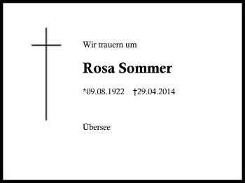 Traueranzeige von Rosa Sommer von Region Chiemgau