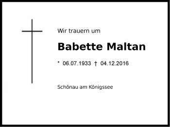 Traueranzeige von Babette Maltan von Region Berchtesgadener Land