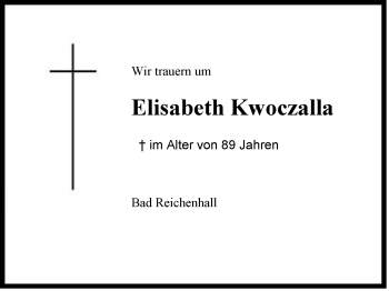 Traueranzeige von Elisabeth  Kwoczalla von Region Berchtesgadener Land