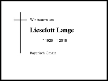 Traueranzeige von Lieselott Lange von Region Berchtesgadener Land