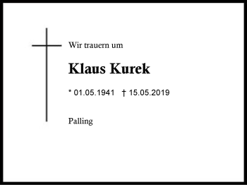 Traueranzeige von Klaus Kurek von Region Berchtesgadener Land