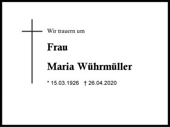 Traueranzeige von Maria Wührmüller von Region Berchtesgadener Land