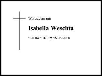 Traueranzeige von Isabella Weschta von Region Berchtesgadener Land