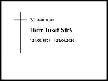 Traueranzeige von Josef  Süß von Region Berchtesgadener Land