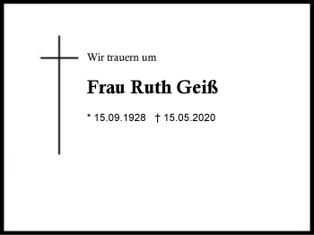Traueranzeige von Ruth Geiß von Region Berchtesgadener Land