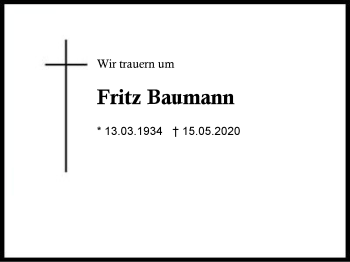 Traueranzeige von Fritz Baumann von Region Berchtesgadener Land