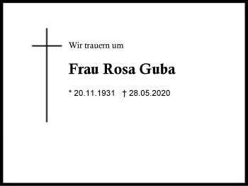 Traueranzeige von Rosa  Guba von Region Berchtesgadener Land