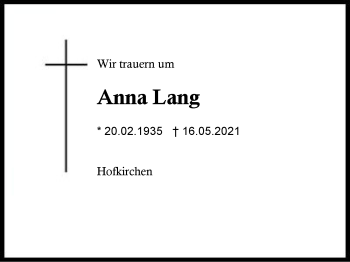 Traueranzeige von Anna Lang von Region Berchtesgadener Land