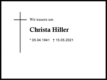 Traueranzeige von Christa Hiller von Region Berchtesgadener Land
