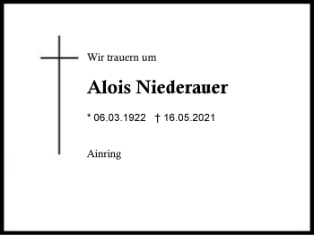 Traueranzeige von Alois Niederauer von Region Berchtesgadener Land