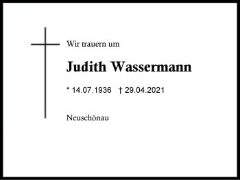 Traueranzeige von Judith Wassermann von Region Berchtesgadener Land