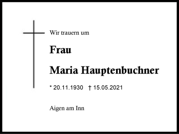Traueranzeige von Maria Hauptenbuchner von Region Berchtesgadener Land