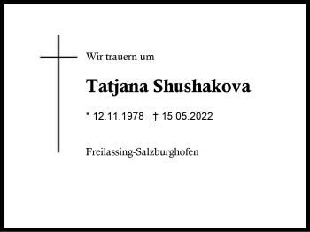 Traueranzeige von Tatjana Shushakova von Region Berchtesgadener Land