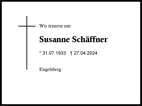 Traueranzeige von Susanne Schäffner von Traunstein