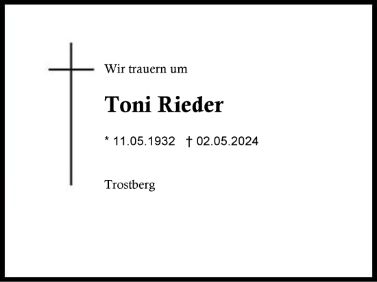 Traueranzeige von Toni Rieder von Traunstein