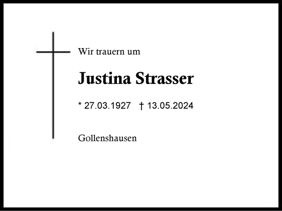Traueranzeige von Justina Strasser von Traunstein