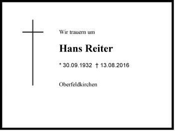 Traueranzeige von Hans Reiter von Region Chiemgau