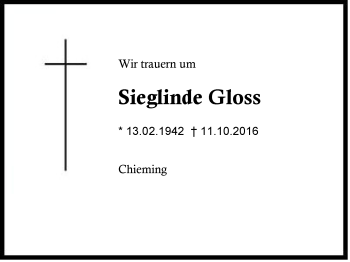 Traueranzeige von Sieglinde Gloss von Region Chiemgau