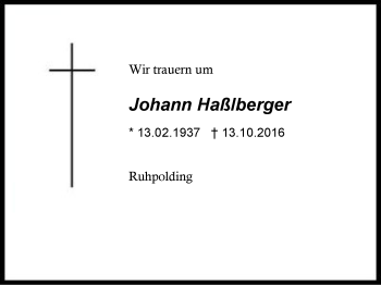 Traueranzeige von Johann Haßlberger von Region Chiemgau