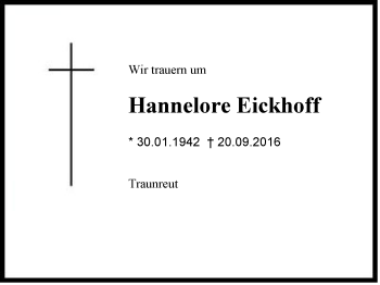 Traueranzeige von Hannelore Eickhoff von Region Chiemgau