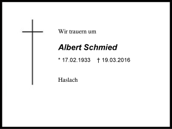 Traueranzeige von Albert Schmied von Region Chiemgau