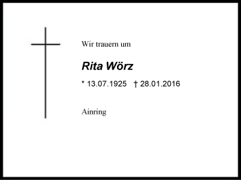 Traueranzeige von Rita Wörz von Region Berchtesgadener Land