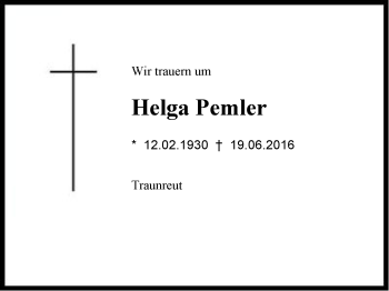 Traueranzeige von Helga Pemler von Region Chiemgau