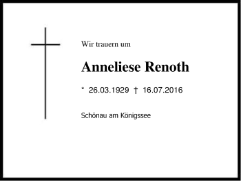 Traueranzeige von  Anneliese Renoth von Region Berchtesgadener Land