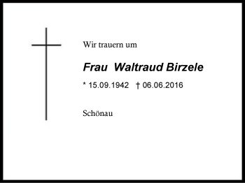 Traueranzeige von Waltraud Birzele von Region Chiemgau