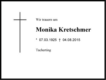 Traueranzeige von Monika Kretschmer von Region Chiemgau
