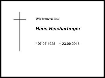 Traueranzeige von Hans Reichartinger von Region Chiemgau