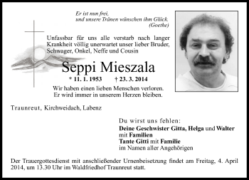 Traueranzeige von Seppi Mieszala von Region Chiemgau