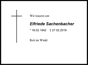 Traueranzeige von Elfriede Sachenbacher von Region Chiemgau