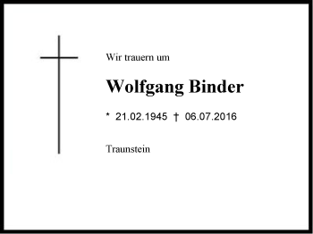 Traueranzeige von Wolfgang Binder von Region Chiemgau