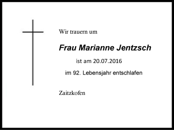 Traueranzeige von Marianne Jentzsch von Region Chiemgau