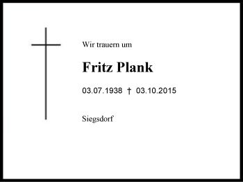 Traueranzeige von Fritz Plank von Region Chiemgau