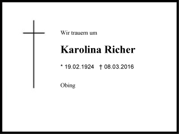 Traueranzeige von Karolina Richer von Region Chiemgau
