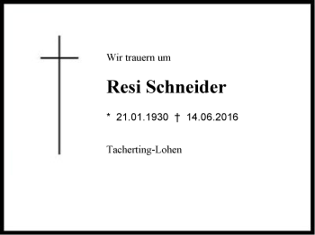 Traueranzeige von Resi Schneider von Region Chiemgau