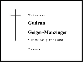 Traueranzeige von Gudrun Geiger-Manzinger von Region Chiemgau