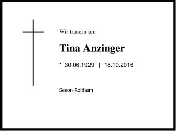 Traueranzeige von Tina Anzinger von Region Chiemgau