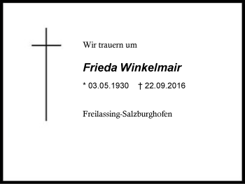 Traueranzeige von Frieda Winkelmair von Region Berchtesgadener Land