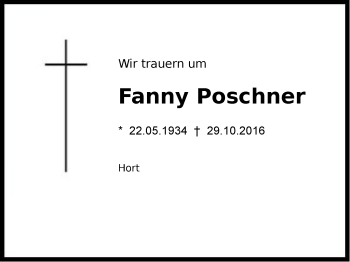 Traueranzeige von Fanny Poschner von Region Berchtesgadener Land