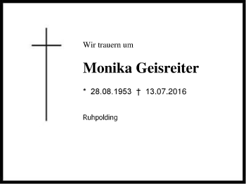 Traueranzeige von Monika Geisreiter von Region Chiemgau