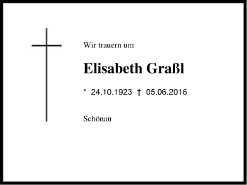 Traueranzeige von Elisabeth Graßl von Region Berchtesgadener Land