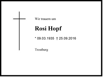 Traueranzeige von Rosi Hopf von Region Chiemgau