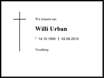 Traueranzeige von Willi Urban von Region Chiemgau