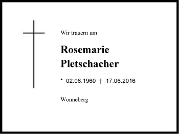 Traueranzeige von Rosemarie Pletschacher von Region Chiemgau