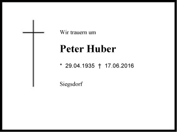 Traueranzeige von Peter Huber von Region Chiemgau