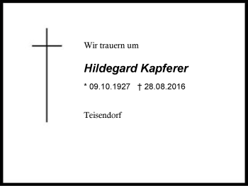 Traueranzeige von Hildegard Kapferer von Region Chiemgau